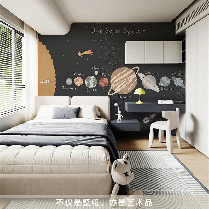 良印太阳星系插画壁纸北欧风儿童房墙纸定制男孩女孩卧Z室背景墙