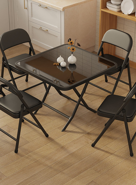折叠方桌80*80家用饭桌小户型简D易租房餐桌钢化玻璃户外摆摊圆桌