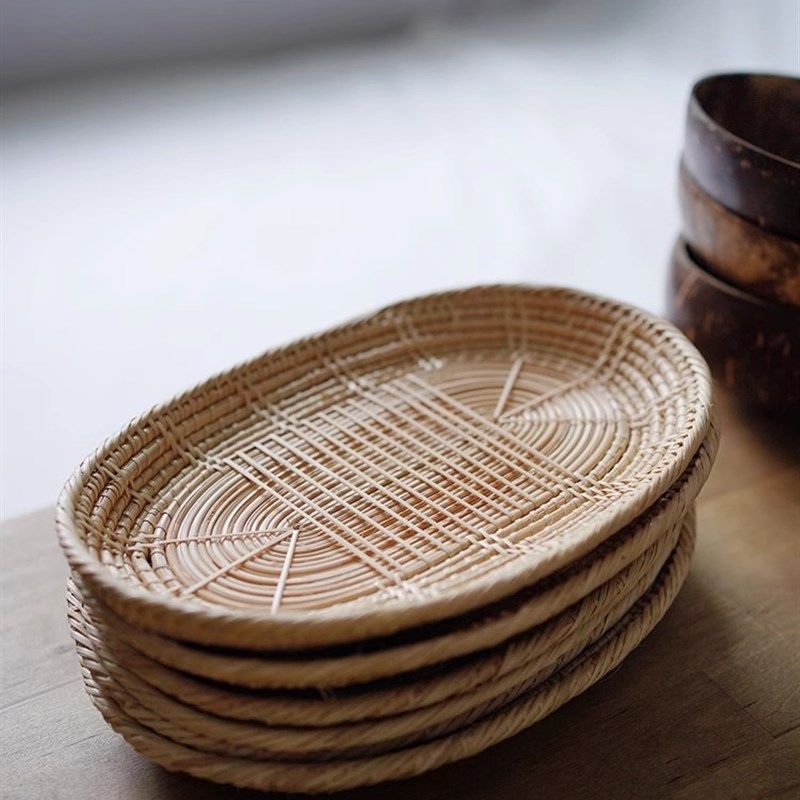 早上好商店天然藤编8x寸盘托盘面包篮果篮收纳盘多用盘,餐饮具,餐用托盘,淘宝优惠券,粉丝福利购,淘宝优惠卷