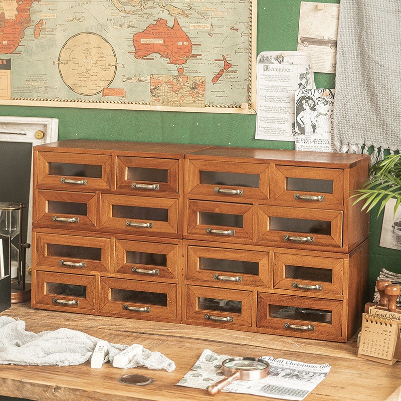实木制收纳柜化妆品多层置物架首饰盒子复古桌面抽屉式收纳盒