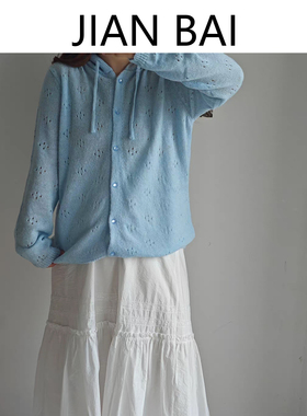 早春叠穿镂空连帽针织开衫女薄款防晒衣宽松慵懒风外搭毛衣上衣