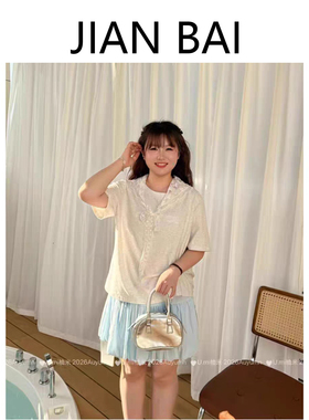 微胖mm穿搭 大码温柔系蕾丝拼接短袖T恤 宽松显瘦上衣