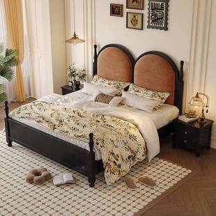 法式复古中床黑实色木床主卧1米DKY8双人床古静音大床美式轻风奢