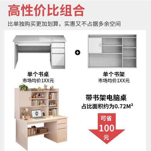 书架一体室桌学生卧家用F98JHS69桌写字桌简约现代桌子简易出租屋