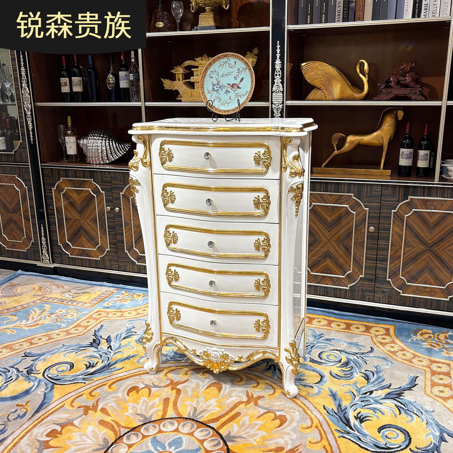 法式实木五斗柜 欧式宫廷奢华雕花储物柜 贴金箔装饰柜卧室收纳柜