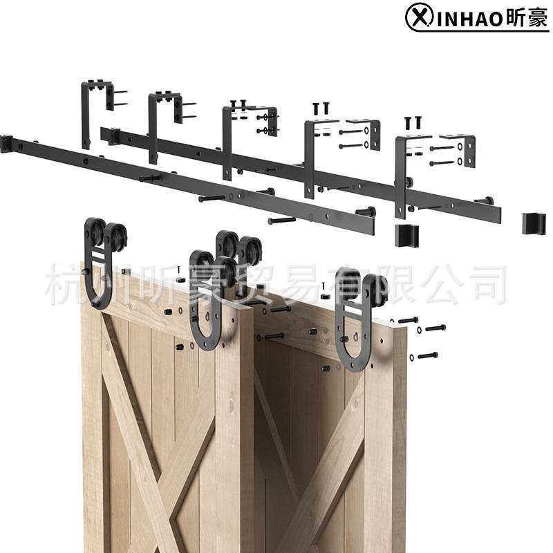 美式谷仓门吊轨马蹄款双轨bypass双门前后移门双轨道套件双层轨道