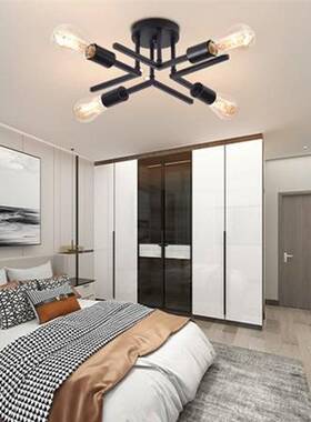 跨境亚马逊美式铁艺吸顶灯客厅卧室书房玄关黑色枝形简约复古灯具