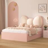 实木儿童床现代简约女孩公主床粉色儿童卧室家具软包蝴蝶结储物床
