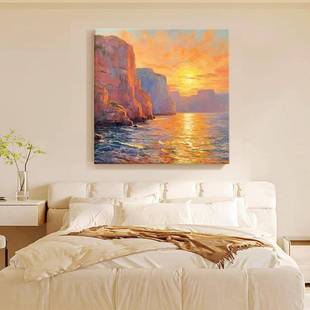 莫奈清晨大海客厅玄关装饰画日出东方餐厅挂画海边印象派手绘油画