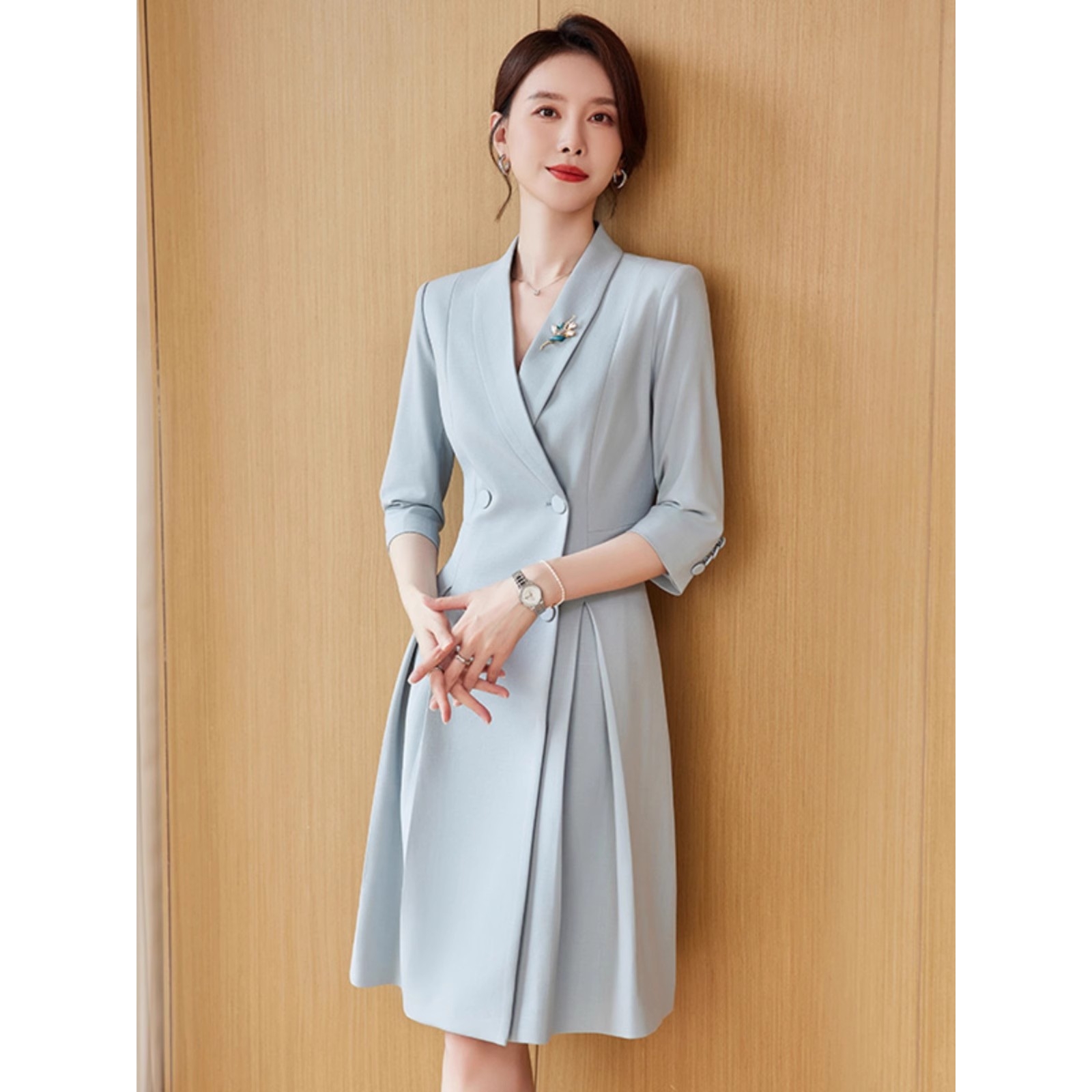 日本品质主持人西装连衣裙演讲服装女蓝色商务正装礼服时尚收腰显