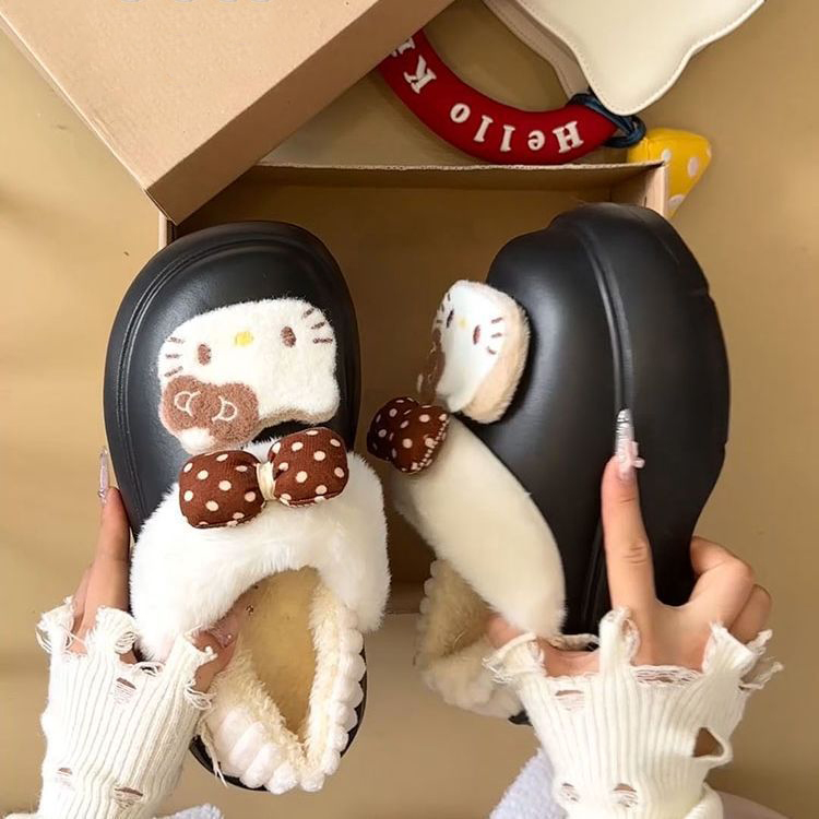 竹天帛厚底增高可爱卡通棉鞋女冬季加绒加厚保暖舒适一脚蹬毛毛鞋