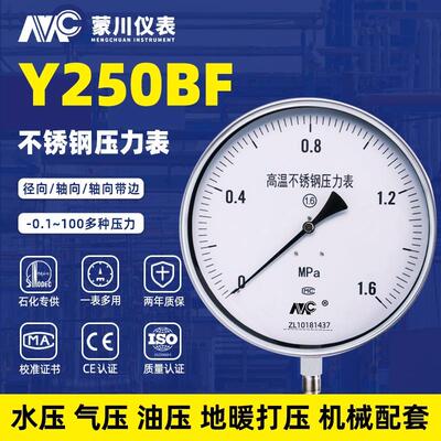 Y250BF不锈钢压力表耐高温水压油压液压锅炉压力表负压表0-1.6MPa
