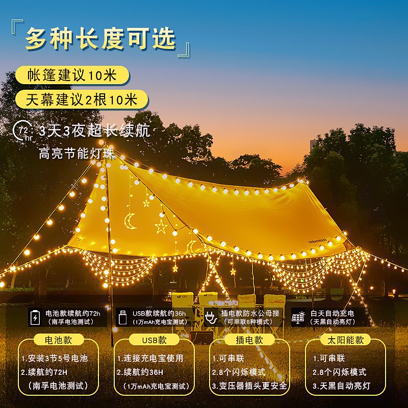 户外露营天幕氛围l灯太阳能满天星星彩灯小串灯防水装饰灯夜市摆
