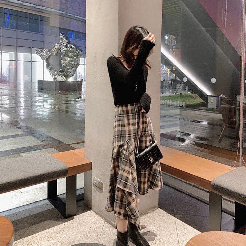 速发不规则半身裙2腰字5早秋新款中长款荷叶边a2裙高0格子裙子