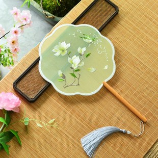 速发粉色复花双面刺绣团扇长柄古梅扇子汉服宫扇旗袍圆扇风古风舞