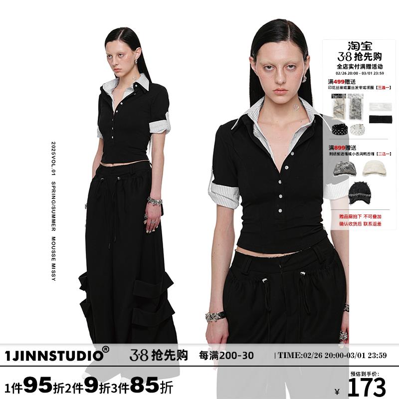 1JINN STUDIO 假两件拼接POLO领短袖T恤女显瘦设计感深V短款上衣