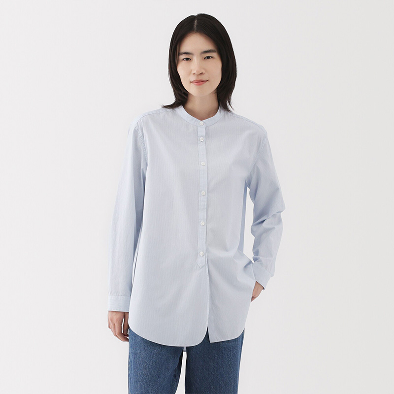 无印良品 MUJI 女式 水洗平纹 立领长款衬衫衬衣外套25年春季