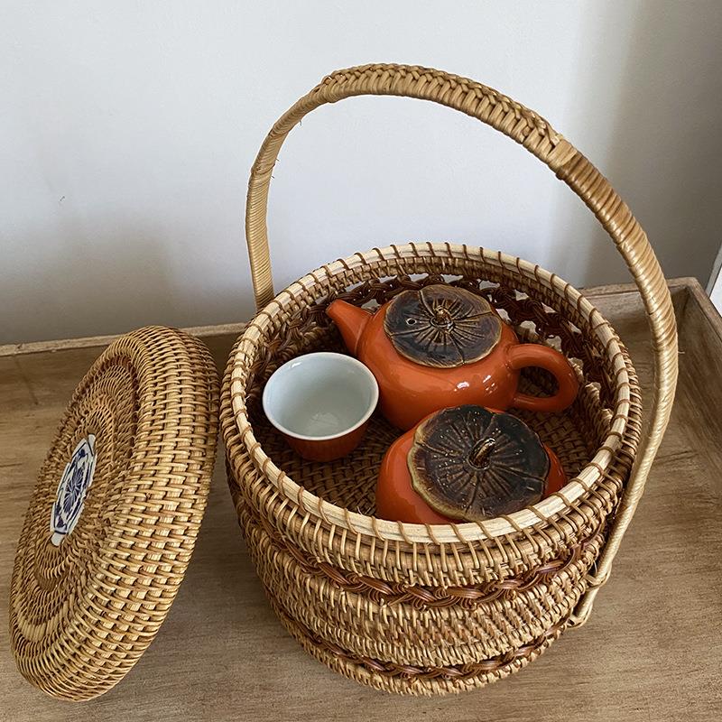 直销越南藤编双层食盒桌面茶几杂物茶杯茶叶收纳筐