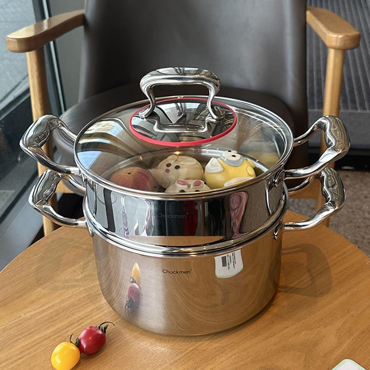 出口德国304不锈钢蒸锅家用蒸煮炖加厚二层馒头汤锅带蒸笼22cm