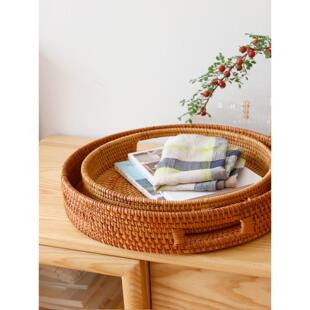 【藤·材】纯手工天然藤编圆形收纳篮 挖孔提手杂物框圆茶盘托盘