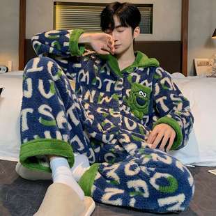 冬季 加绒加厚珊瑚绒青少年拉链长毛绒可外穿家居服男 新款 睡衣男士