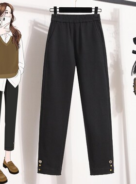 速发大码装202力新款松紧腰直5欧版弹筒裤休闲黑色九分裤