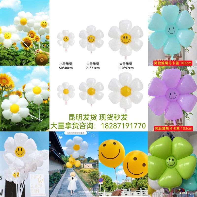 速发白色小雏菊太宝笑脸气球带餐野杆生日拍照儿童花宝周岁生日装
