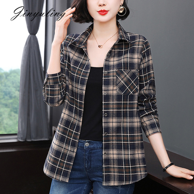 速发格子长袖上2码秋衣024年新款大春中长款开衫妈妈衬衣