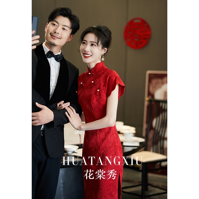 速发旗袍敬酒服新娘改良订婚礼服酒红色高级感小个子新中式回门连