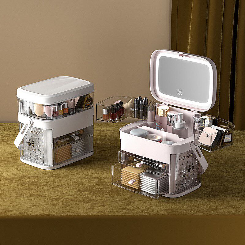 速发化妆品收纳体防尘护肤品梳妆台桌面有盒带镜子首饰一盖置物架