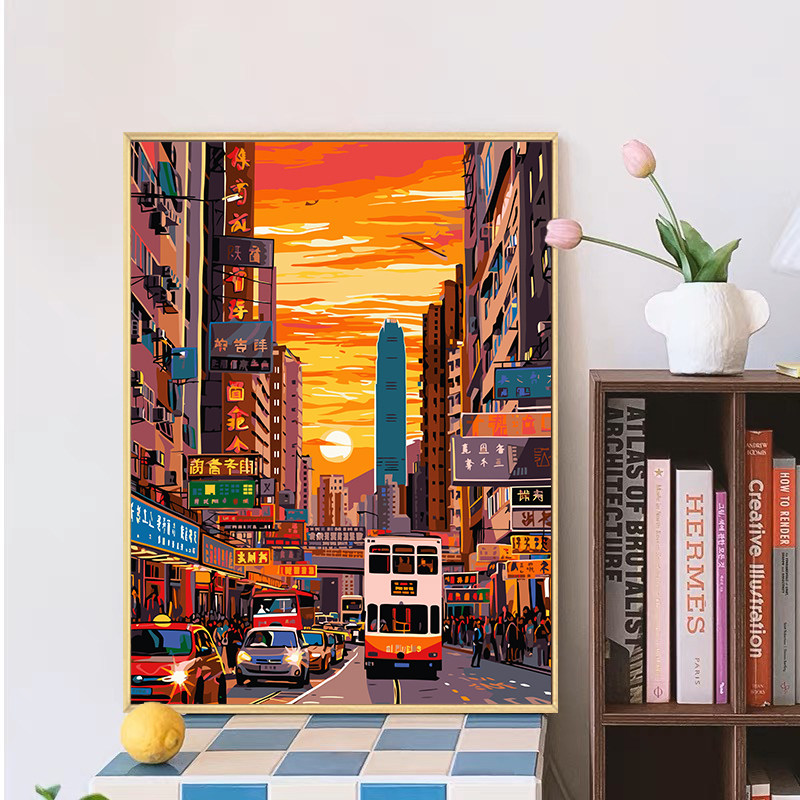 速发港风日落街景数字油装填充填色手工绘画景丙烯风油彩画画饰画