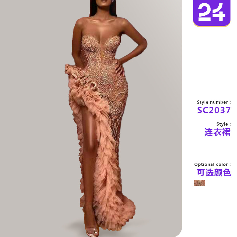 2025夏季新款欧美女装连衣裙流苏尾性感洒金抹胸晚礼服