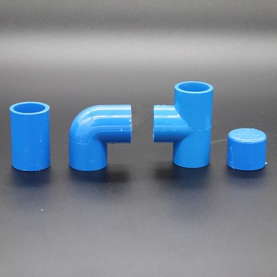 热销PVC管直接弯头三通堵帽20 25 32 40 50 海鲜池鱼缸蓝色水管道