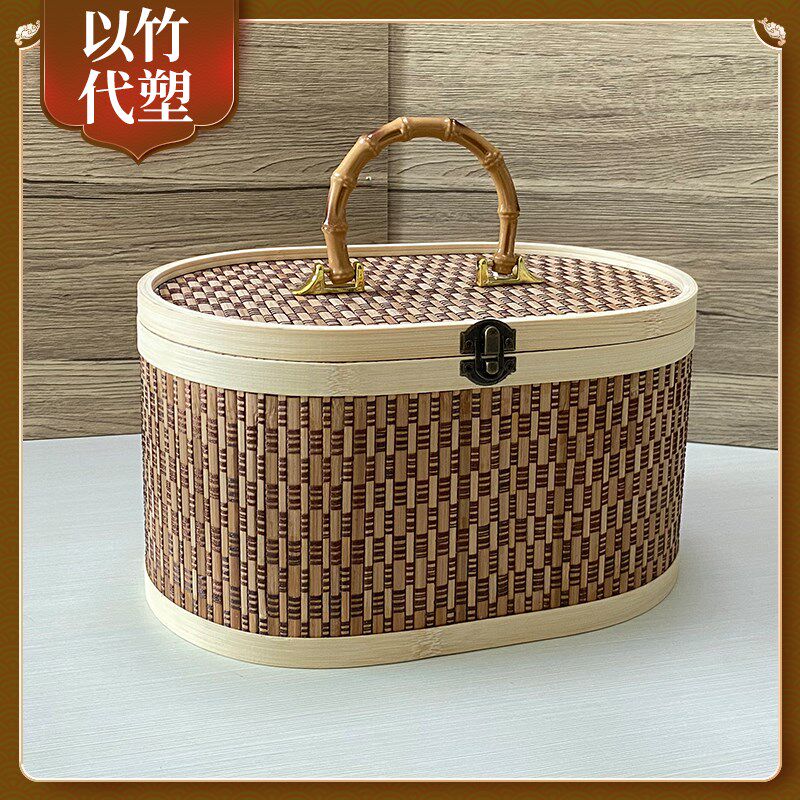 热销手工竹编筐篓碳化色竹篮鸡蛋水果礼品盒粽子篮子月饼包装竹篮