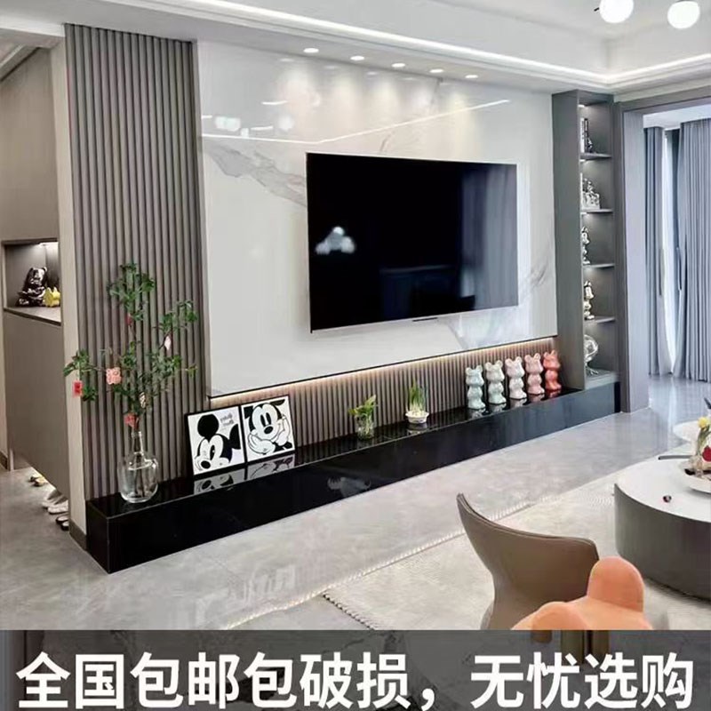 热销2024岩板电视背景墙轻奢造型现代简约客厅大理石木格栅悬空影