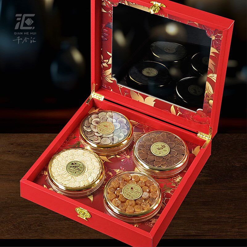 热销新款牡丹开窗包装盒名贵滋补品年货通用红色皮盒四拼装礼盒空