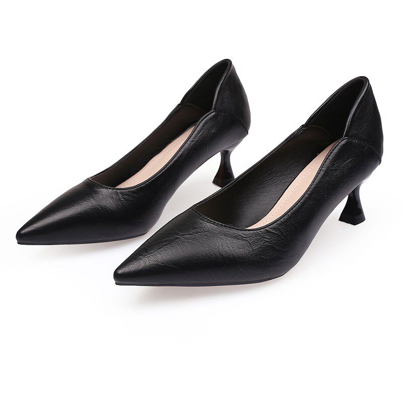速发工作装软底黑色高跟鞋细跟职业装尖鞋低跟软皮工头上班单鞋