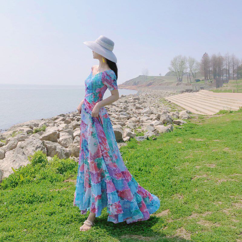 速发三亚旅游海边度假连衣裙拍照扎染印花裙子蓝色吊带沙滩旅行旅