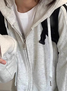 速发灰色连帽卫绒秋冬季小个子美式复古加衣宽袖长松杠开衫外套