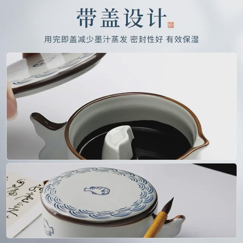 速发梅林墨盒庄多功能陶瓷墨池砚台带盖笔墨蝶毛笔笔搁笔新品
