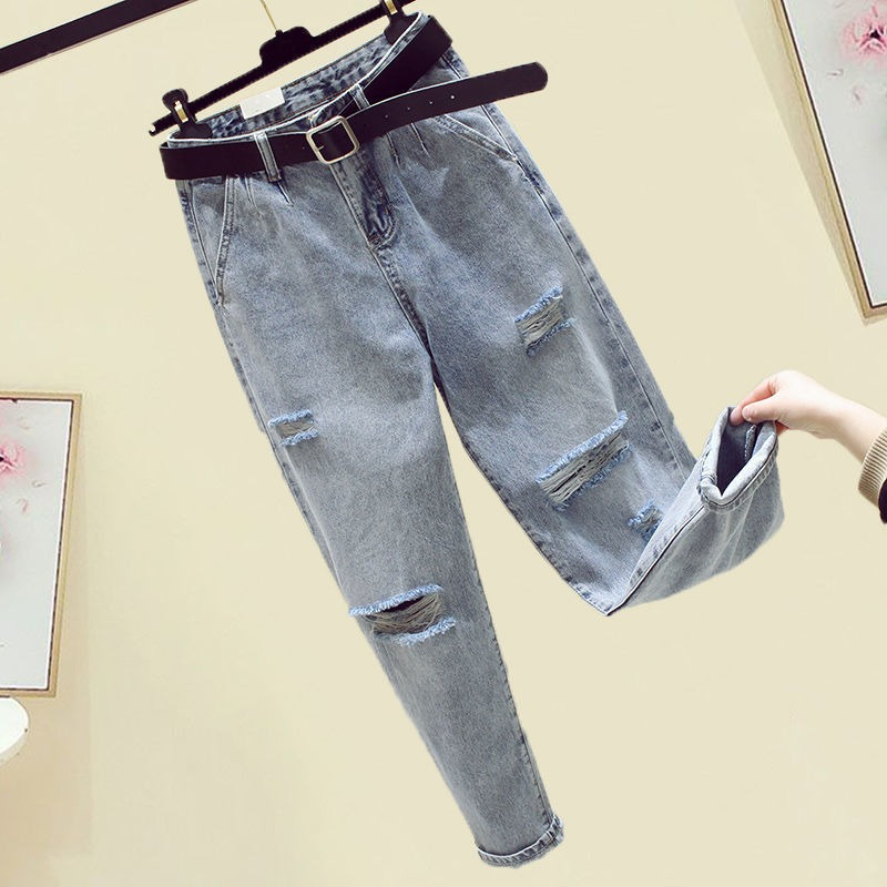 速发九薄破洞2仔裤牛022春秋新款高腰分款宽松复古哈伦萝卜长裤