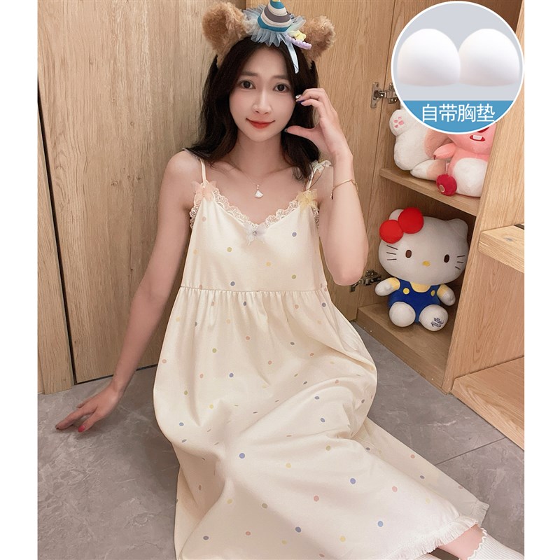 速发吊带睡裙夏季带胸垫一体波点纯棉睡衣夏天士全棉家居服可外穿