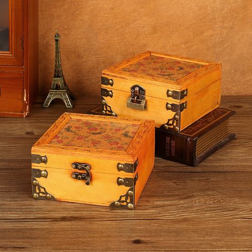 速发木质复古正方形首饰盒带锁饰宝收纳盒精致皮珠印花革品项链包