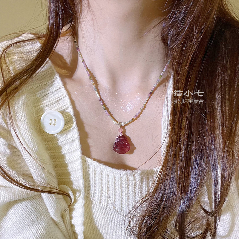 天然草莓晶佛公吊坠女款保平安笑佛碧玺925银链子新中式礼物项链