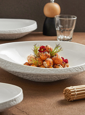 速发优格岩石纹沙拉碗级瓷装菜碗汤碗酒店餐厅轻奢高陶感白色异形