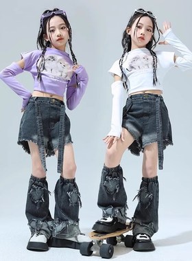 速发孩两节牛仔裤套服jaz秋潮流街舞春z款酷帅炸街舞爵士舞装装