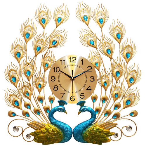创意孔雀开屏超大挂钟 欧式轻奢免打孔客厅装饰时钟 X卧室静音钟
