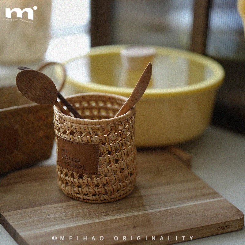 日式insd藤编收纳筐筷子笔筒家化妆筒收纳筒餐桌台面杂物收纳筷笼