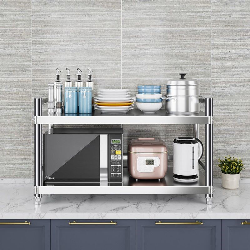 不锈钢厨房两层带围栏置物架落z地架家用微波炉架锅具调料收纳架