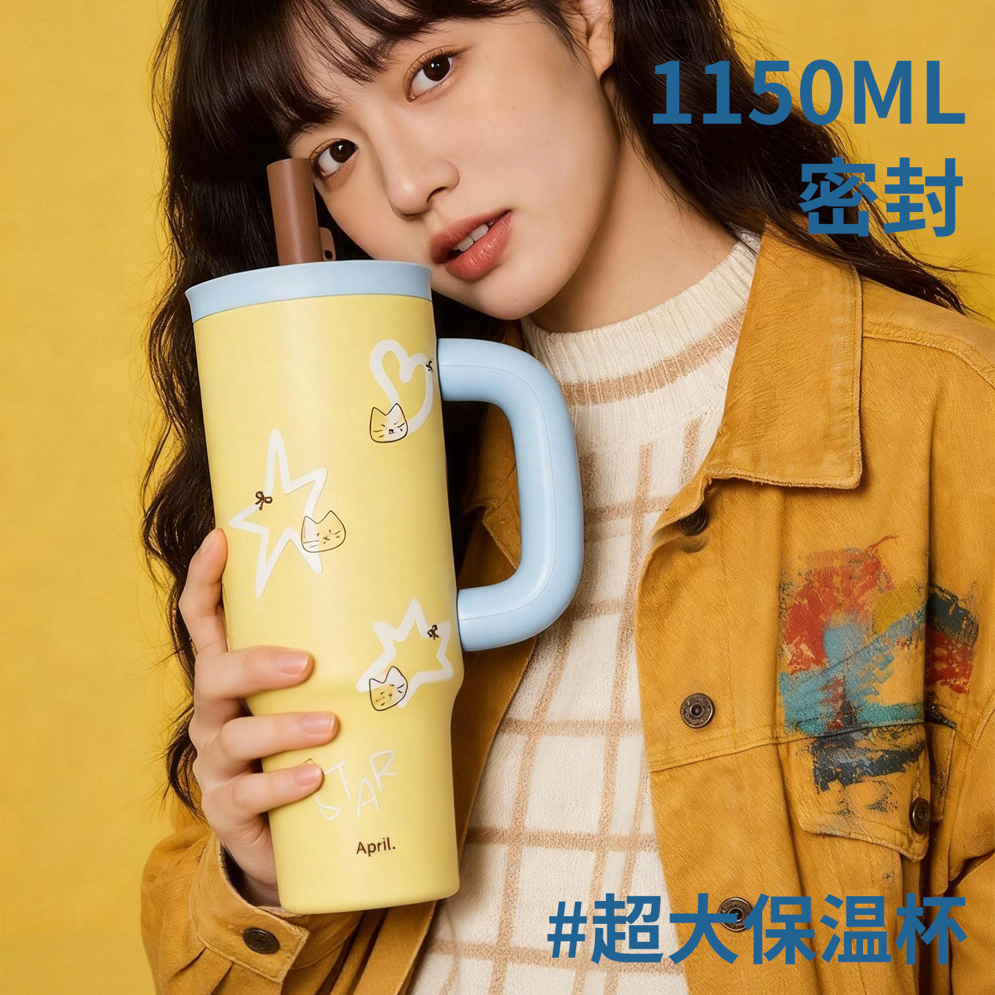 April 冰霸杯大容量保温杯女生高颜值大号吸管水杯巨无霸喝水杯子